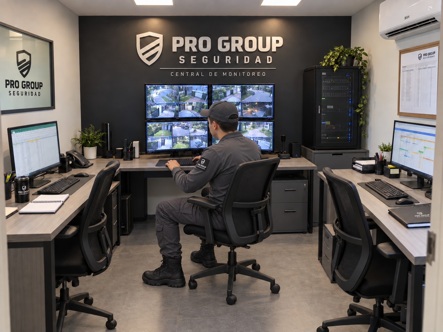 Operador de Pro Group Seguridad supervisando cámaras desde la central de monitoreo